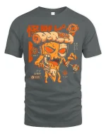 Funny Pizza Monster Graphic Tee With Retro Japanese Style Art - gray t-shirt on white background