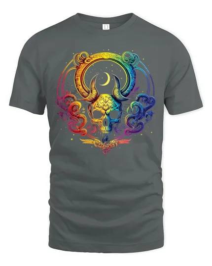 Rainbow Mystic Skull Art Graphic Tee With Colorful Cosmic Style - gray t-shirt on white background