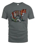 Forest Spirit Fox Art Graphic Tee With Colorful Nature Design - gray t-shirt on white background