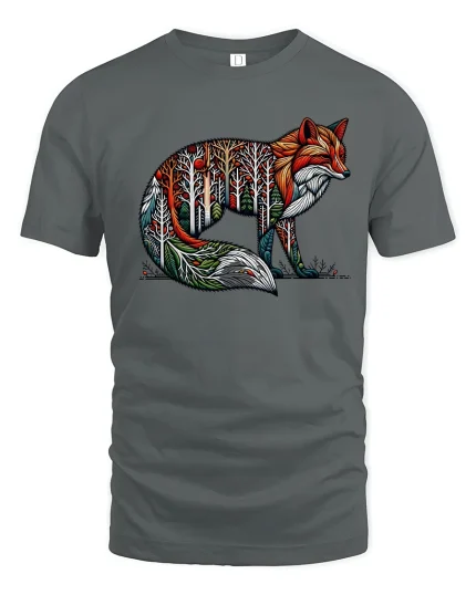 Forest Spirit Fox Art Graphic Tee With Colorful Nature Design - gray t-shirt on white background