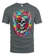 Vibrant Skull And Roses Tattoo Art Graphic Tee With Winged Style - gray t-shirt on white background