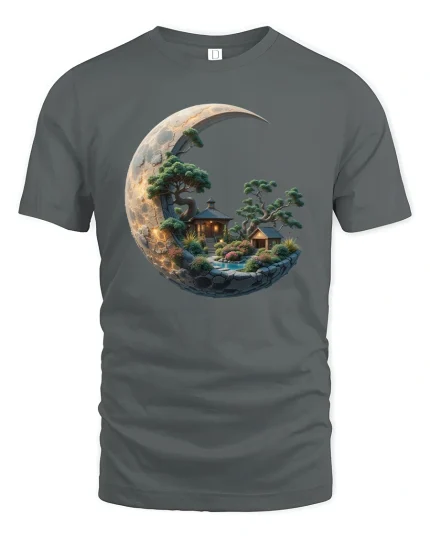 Moonlit Zen Garden Landscape Art Graphic Tee With Serene Style - gray t-shirt on white background