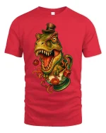 Vintage Dino Teacup Madness Cartoon T Rex Tee With Fun Style - red t-shirt on white background