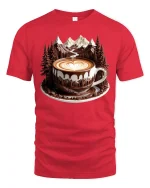 Mountain Coffee Art Graphic Tee With Scenic Latte Landscape Style - red t-shirt on white background