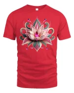 Elegant Lotus Jewel Art Graphic Tee With Beautiful Floral Design - red t-shirt on white background