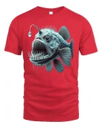 Deep Sea Anglerfish Art Graphic Tee With Fierce Ocean Creature - red t-shirt on white background
