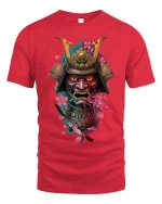 Samurai Mask Warrior Art Graphic Tee With Cherry Blossom Style - red t-shirt on white background