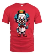 Creepy Cute Clown Art Graphic Tee With Colorful Cartoon Style - red t-shirt on white background