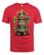 Funny Tiki Warrior Art Graphic Tee With Colorful Island Style - red t-shirt on white background