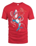 Shark Vs Squid Battle Graphic Tee With Bold Ocean Creature Art - red t-shirt on white background