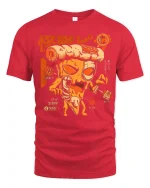 Funny Pizza Monster Graphic Tee With Retro Japanese Style Art - red t-shirt on white background