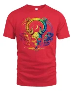 Rainbow Mystic Skull Art Graphic Tee With Colorful Cosmic Style - red t-shirt on white background
