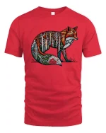 Forest Spirit Fox Art Graphic Tee With Colorful Nature Design - red t-shirt on white background
