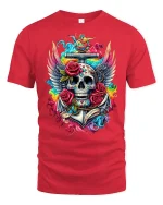 Vibrant Skull And Roses Tattoo Art Graphic Tee With Winged Style - red t-shirt on white background