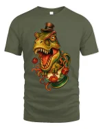 Vintage Dino Teacup Madness Cartoon T Rex Tee With Fun Style - military green t-shirt on white background