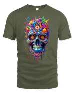 Vibrant Psychedelic Skull Art Graphic Tee With Color Explosion - military green t-shirt on white background