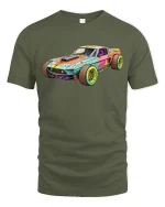 Retro Muscle Car Graphic Tee With Bold Colorful Racing Artwork - military green t-shirt on white background