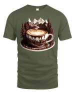 Mountain Coffee Art Graphic Tee With Scenic Latte Landscape Style - military green t-shirt on white background