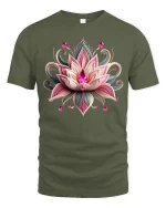 Elegant Lotus Jewel Art Graphic Tee With Beautiful Floral Design - military green t-shirt on white background