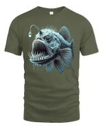 Deep Sea Anglerfish Art Graphic Tee With Fierce Ocean Creature - military green t-shirt on white background