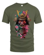 Samurai Mask Warrior Art Graphic Tee With Cherry Blossom Style - military green t-shirt on white background