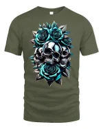 Metallic Skulls And Roses Art Graphic Tee With Bold Gothic Style - military green t-shirt on white background