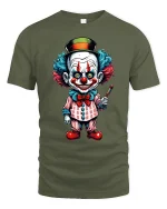 Creepy Cute Clown Art Graphic Tee With Colorful Cartoon Style - military green t-shirt on white background