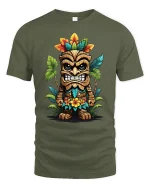 Funny Tiki Warrior Art Graphic Tee With Colorful Island Style - military green t-shirt on white background