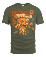 Funny Pizza Monster Graphic Tee With Retro Japanese Style Art - military green t-shirt on white background