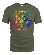 Rainbow Mystic Skull Art Graphic Tee With Colorful Cosmic Style - military green t-shirt on white background