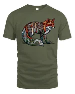 Forest Spirit Fox Art Graphic Tee With Colorful Nature Design - military green t-shirt on white background