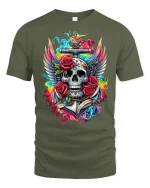 Vibrant Skull And Roses Tattoo Art Graphic Tee With Winged Style - military green t-shirt on white background