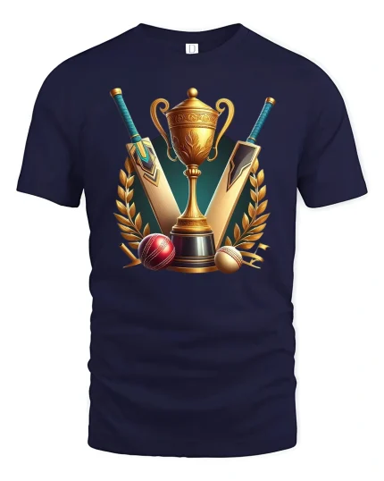 Cricket Champion Trophy Graphic Tee With Bold Sports Style Art - navy t-shirt on white background