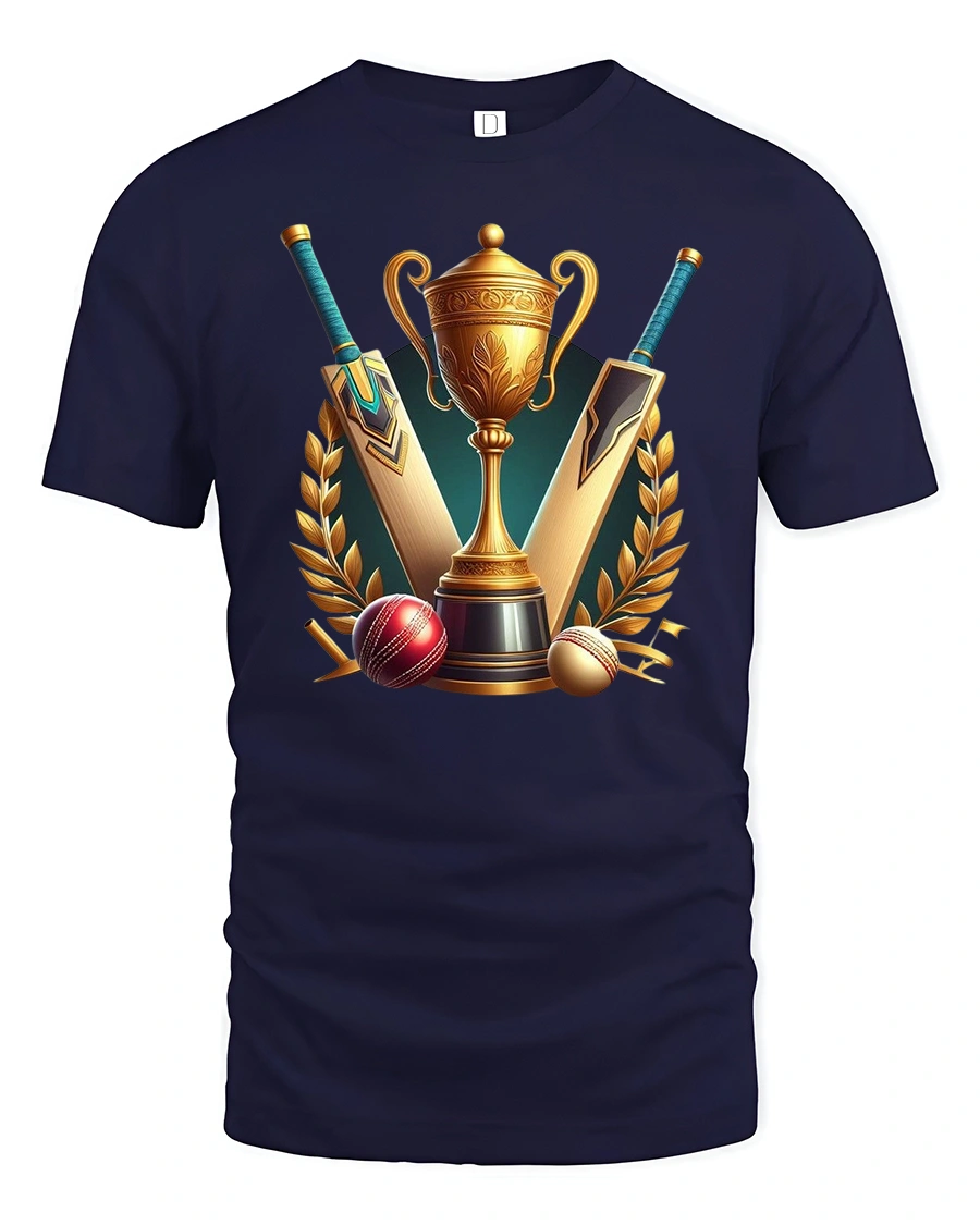 Cricket Champion Trophy Graphic Tee With Bold Sports Style Art - 1 Cricket Champion Trophy Graphic Tee With Bold Sports Style Art - navy t-shirt on white background