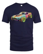 Retro Muscle Car Graphic Tee With Bold Colorful Racing Artwork - navy t-shirt on white background