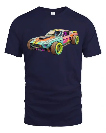 Retro Muscle Car Graphic Tee With Bold Colorful Racing Artwork - navy t-shirt on white background
