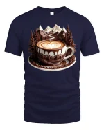 Mountain Coffee Art Graphic Tee With Scenic Latte Landscape Style - navy t-shirt on white background