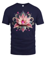 Elegant Lotus Jewel Art Graphic Tee With Beautiful Floral Design - navy t-shirt on white background
