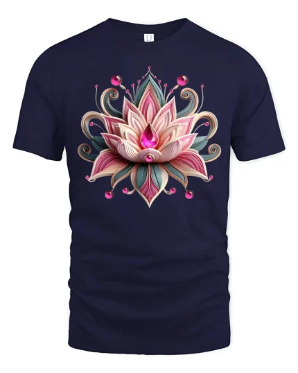 Elegant Lotus Jewel Art Graphic Tee With Beautiful Floral Design - navy t-shirt on white background