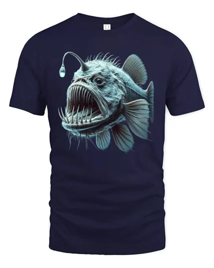 Deep Sea Anglerfish Art Graphic Tee With Fierce Ocean Creature - navy t-shirt on white background