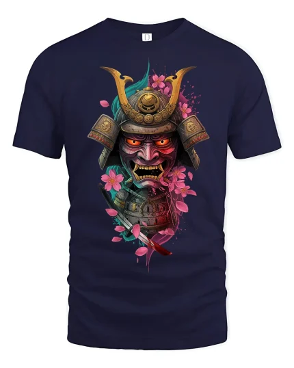 Samurai Mask Warrior Art Graphic Tee With Cherry Blossom Style - navy t-shirt on white background