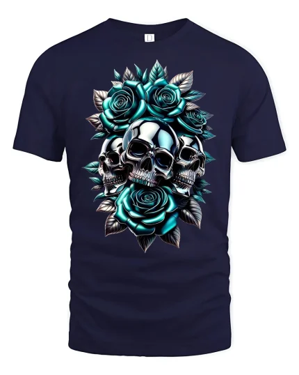 Metallic Skulls And Roses Art Graphic Tee With Bold Gothic Style - navy t-shirt on white background