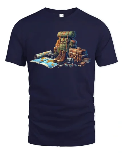 Adventure Gear Explorer Art Graphic Tee With Travel Inspired Style - navy t-shirt on white background