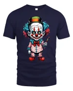 Creepy Cute Clown Art Graphic Tee With Colorful Cartoon Style - navy t-shirt on white background