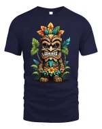 Funny Tiki Warrior Art Graphic Tee With Colorful Island Style - navy t-shirt on white background