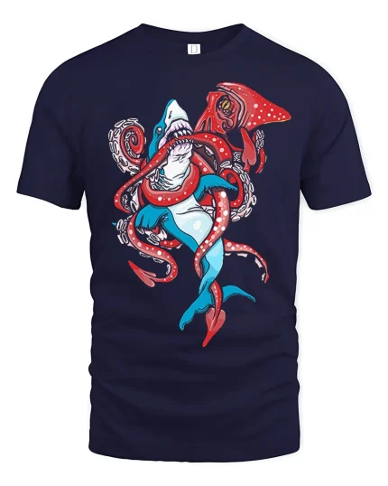 Shark Vs Squid Battle Graphic Tee With Bold Ocean Creature Art - navy t-shirt on white background