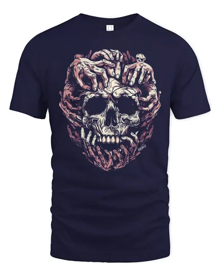 Creeping Hands Skull Art Graphic Tee With Dark Horror Style - navy t-shirt on white background