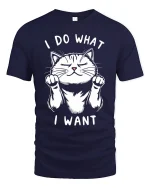 Funny Cat Attitude Graphic Tee With Cute I Do What I Want Design - navy t-shirt on white background