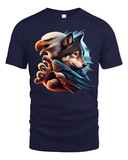 Eagle And Wolf Fusion Art Graphic Tee With Bold Spirit Animal Style - navy t-shirt on white background