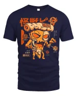 Funny Pizza Monster Graphic Tee With Retro Japanese Style Art - navy t-shirt on white background